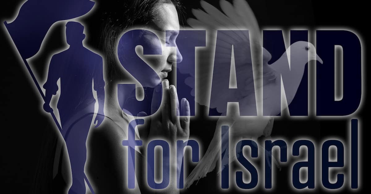 Praying woman with dove and text STAND FOR ISRAEL on dark background