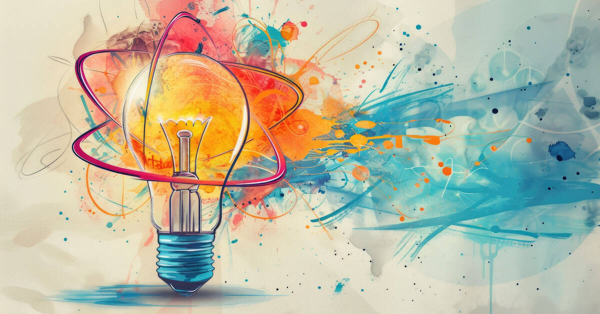 Nuclear innovation represented by a lightbulb doodle filled with atomic swirls,