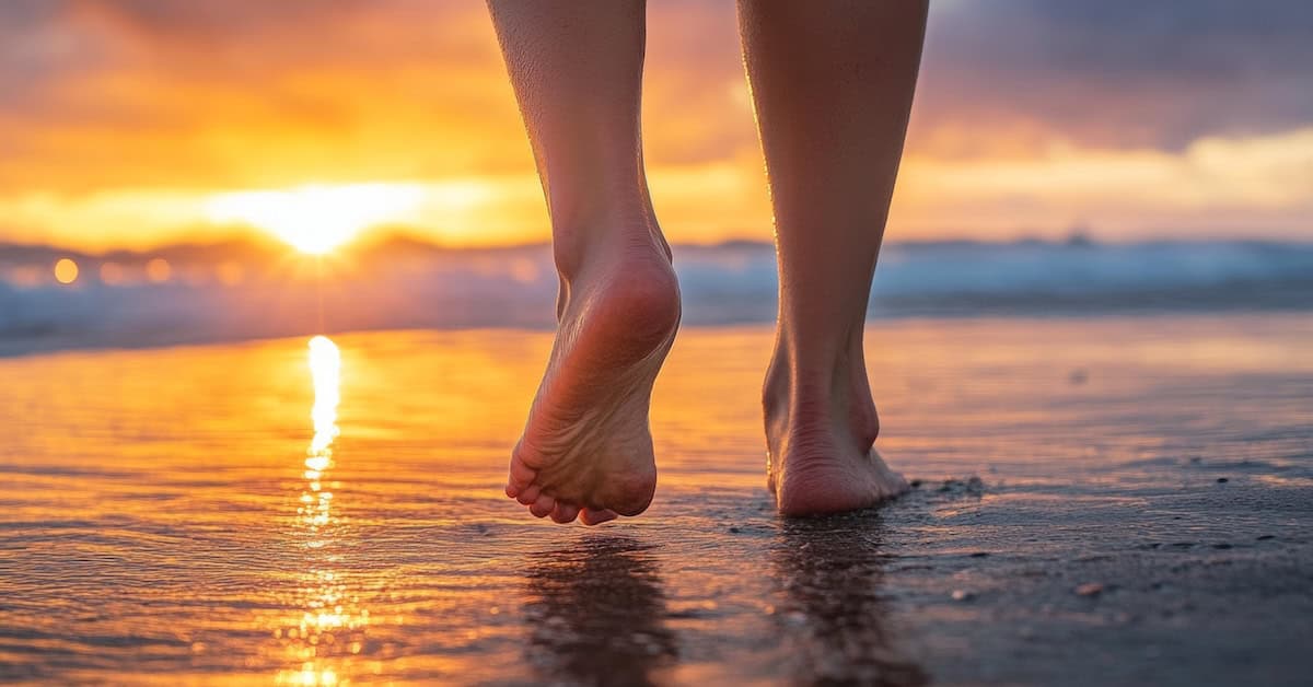 A person walks barefoot on a reflective beach at sunrise, feeling the cool, calming waves. This moment captures a sense of freedom, tranquility, and emotional healing