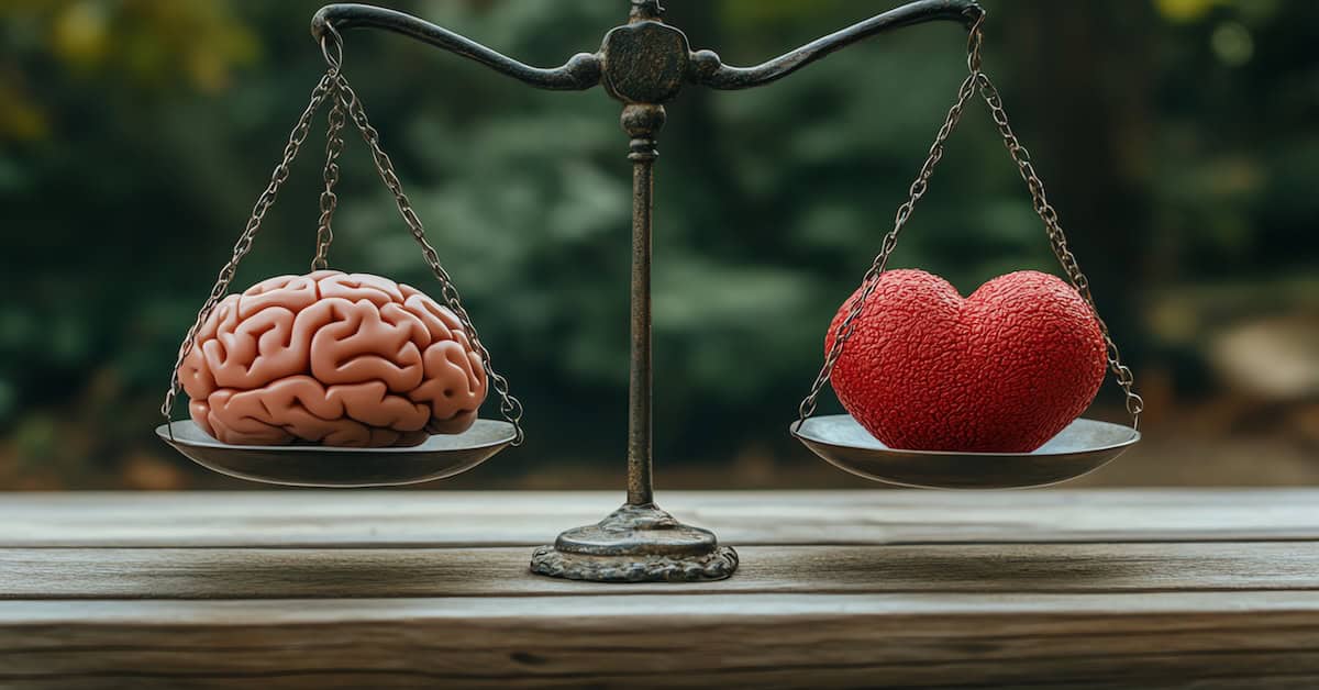 Scale balancing a brain and a heart, symbolizing the delicate equilibrium between intellect and emotion