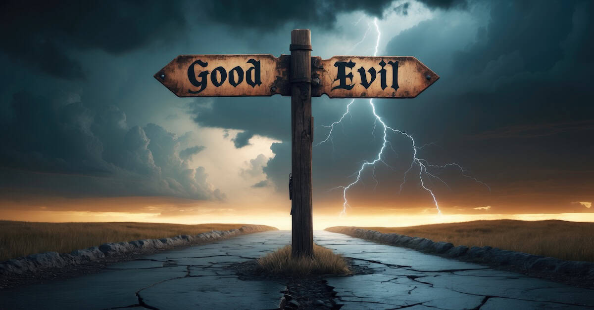Signpost depicting good vs evil
