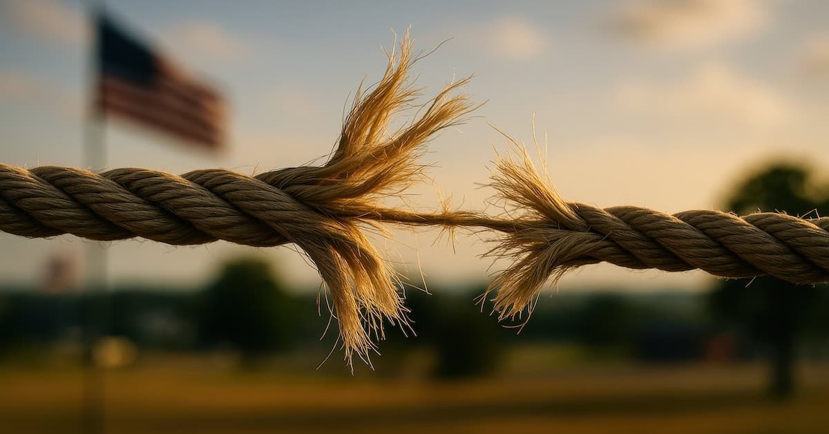 Frayed rope with blurred American flag in background symbolizing resilience, challenges, and patriotism in America. Perfect for news related to national issues, strength, and unity.