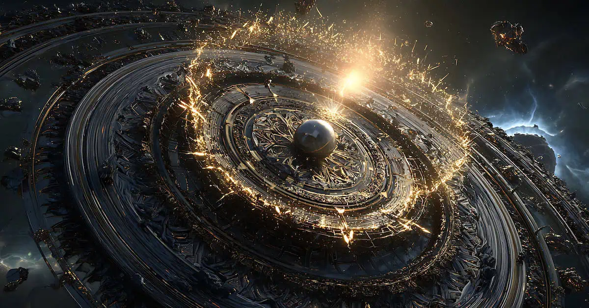 Futuristic space scene depicting a massive, intricate metallic structure with glowing sparks and swirling patterns, symbolizing advanced technology and cosmic exploration, featured on America Out Loud News.