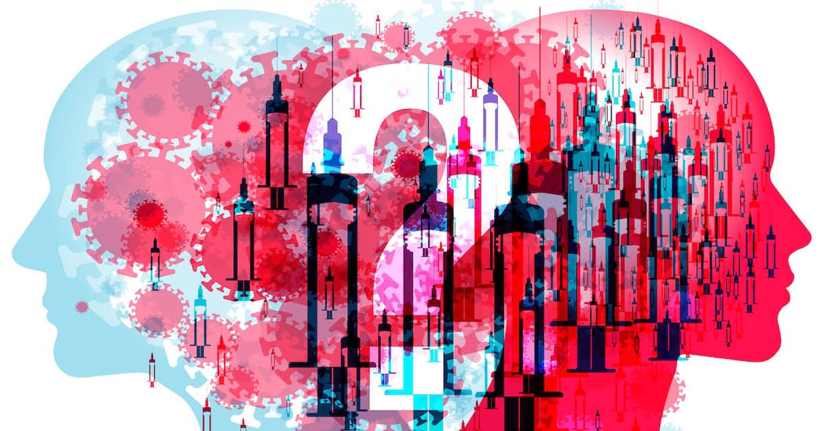 Innovative digital art illustrating the impact of COVID-19 with silhouettes of human heads, virus icons, and syringe imagery, emphasizing health, vaccination, and pandemic awareness.