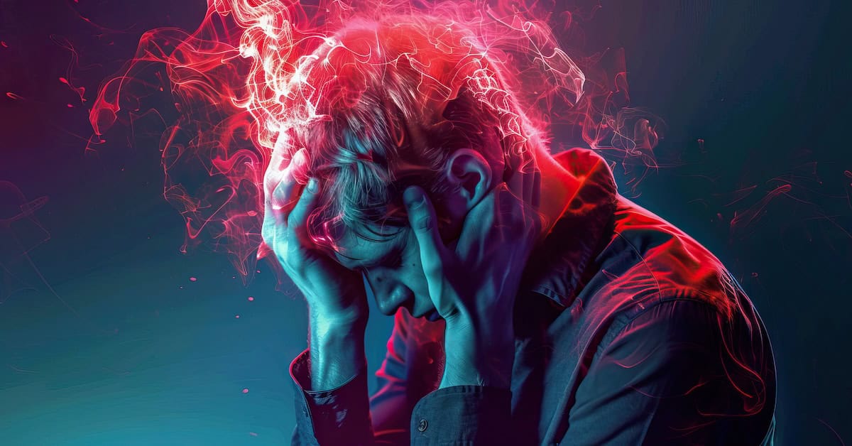 Woman holding head in distress, digital art of mental health struggles, with vibrant red and blue neural effects, representing anxiety or depression, news related to mental health awareness and emotional well-being.