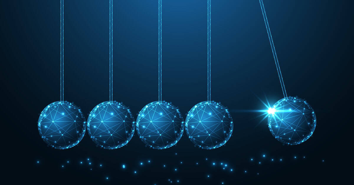 Falling Newton's Cradle made of interconnected glowing digital particles representing technology, innovation, or digital transformation.
