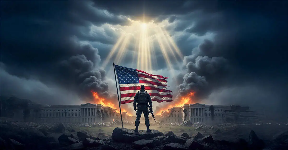 A patriotic soldier standing amidst destruction with an American flag under dramatic dark skies and sunlight rays, symbolizing resilience and patriotism in America.