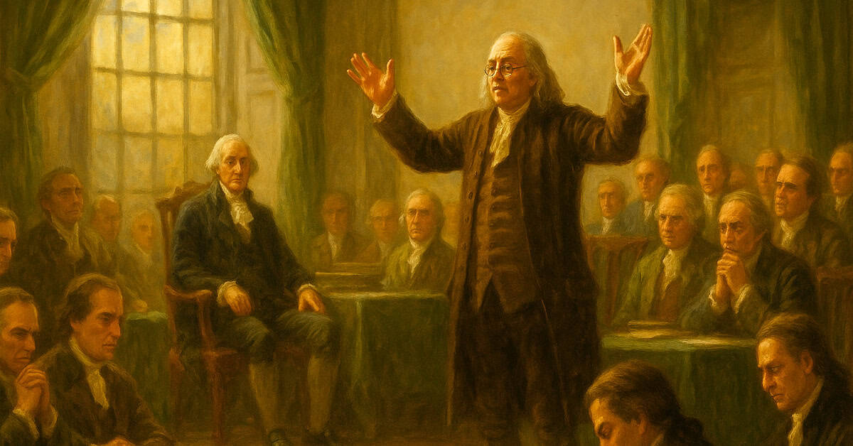 Benjamin Franklin’s speech that changed the Constitutional Convention - A historical scene of a 18th-century debate or trial with men dressed in period clothing inside a dimly lit courtroom.