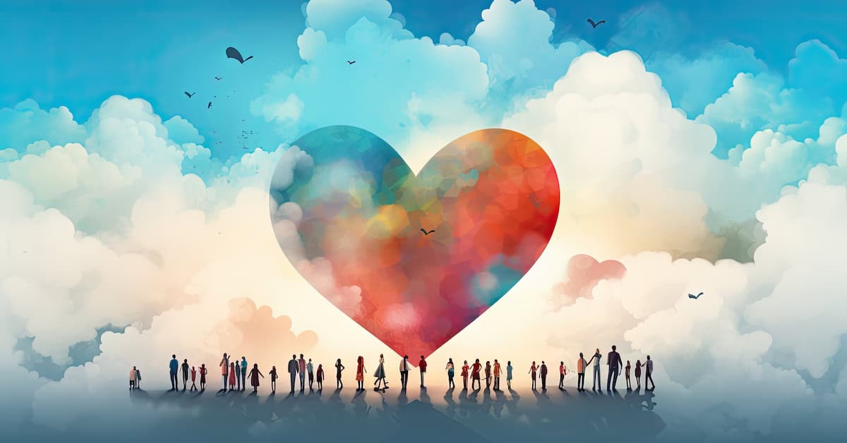 colorful people near a heart shaped background with clouds Generative AI Heart-shaped sky mural with diverse people holding hands, symbolizing love and unity, under colorful clouds and flying birds for America Out Loud News SEO images.