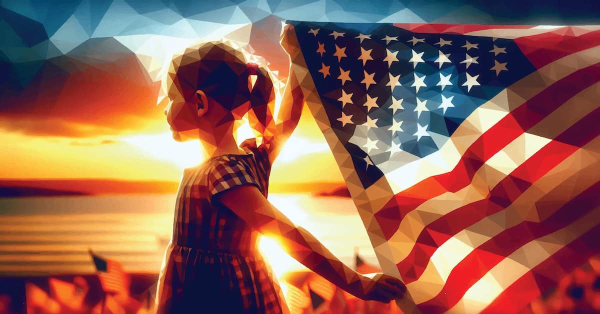 Children holding American flag at sunset, patriotic imagery, young girl with flag, USA patriotism, American pride, nationalist celebration, sunset background, vibrant colors, America Out Loud News, patriotic youth image.