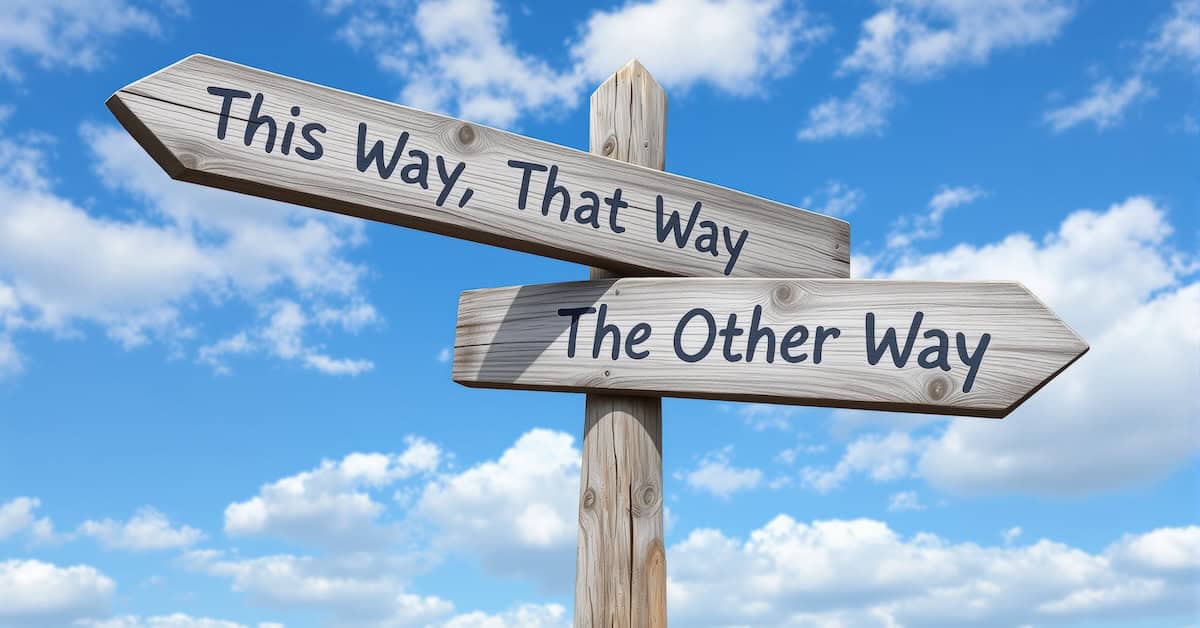 sample.png This Way, That Way, The Other Way wooden signpost against a blue sky with clouds, symbolizing choices or alternative directions, for news and opinion on America Out Loud News.