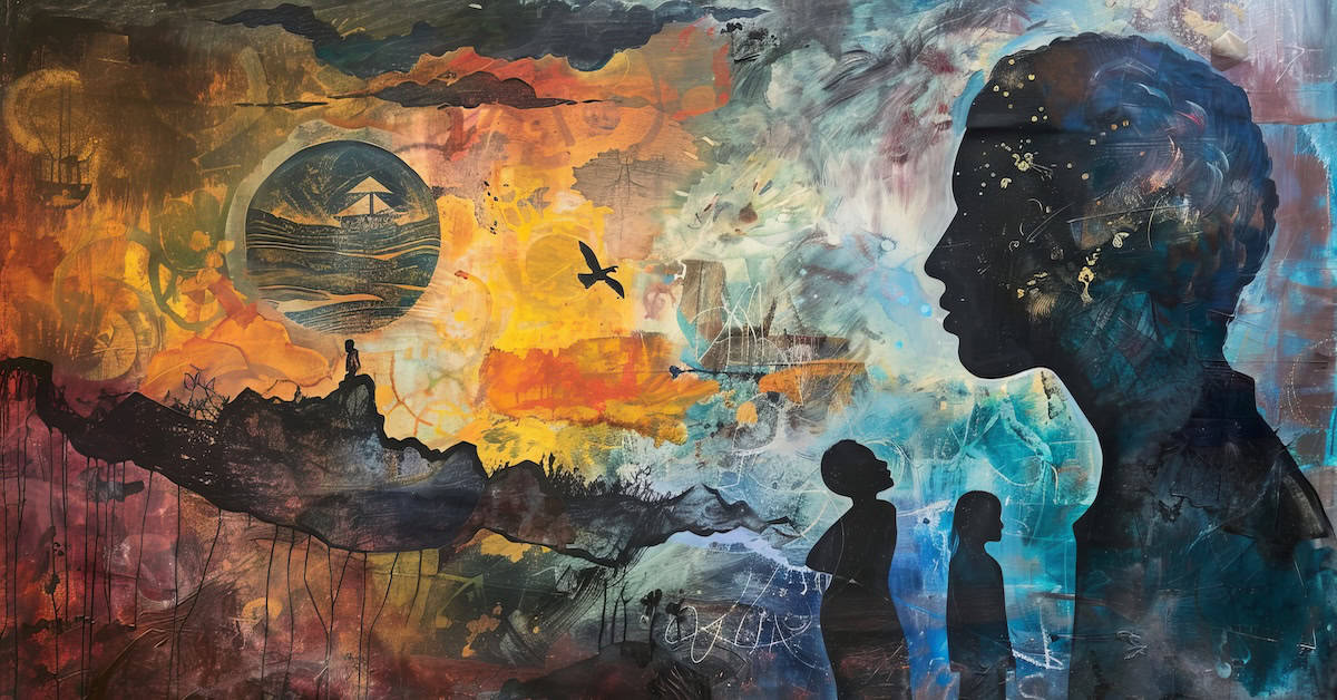 A colorful mural artwork depicting a large silhouette of a woman’s face with children and nature scenes layered in the background, symbolizing hope, growth, and community.