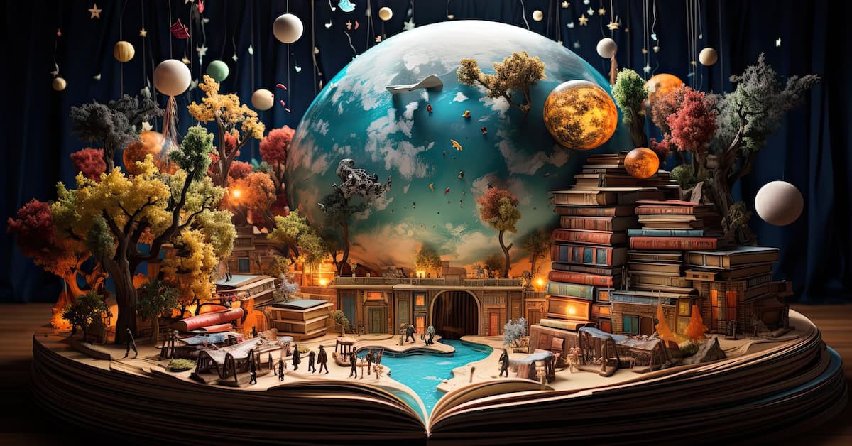 Fantasy world inside of the book. Concept of education imagination and creativity from reading books.
