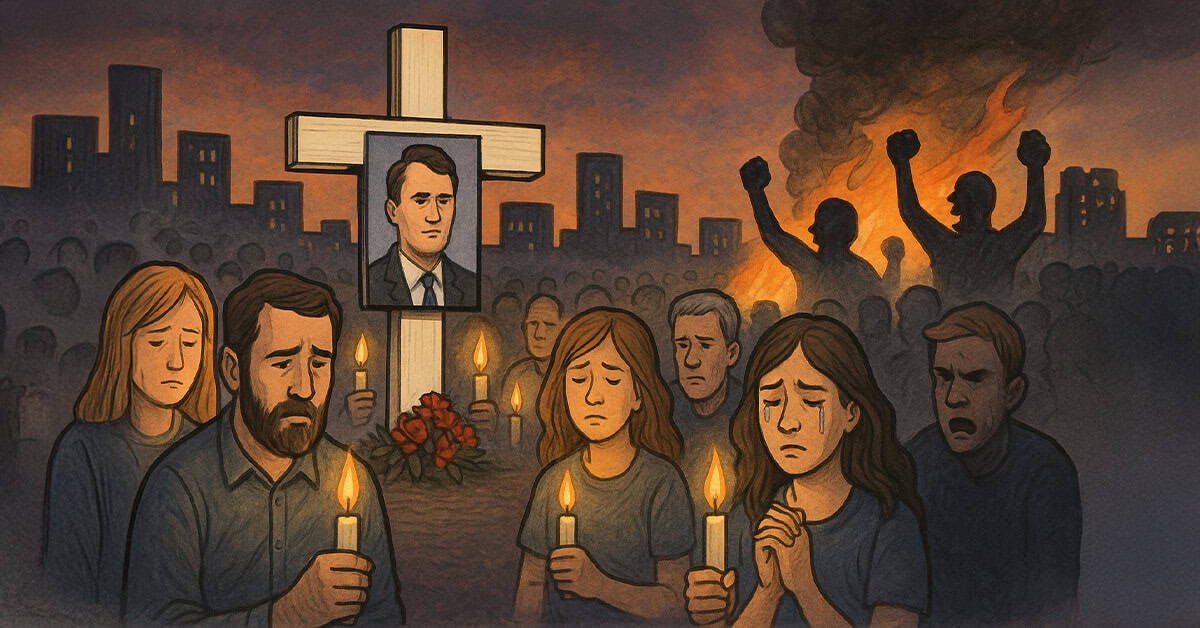 Light in the Darkness – Mourning Amid Division A somber memorial scene at night with grieving individuals holding candles, a large portrait and cross at the center, illustrating mourning for a fallen hero, with protests and smoke in the background representing unrest and loss.