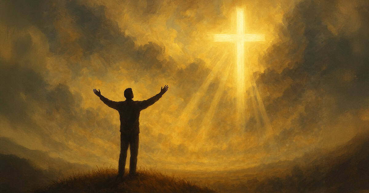 A person standing outdoors with arms raised towards a glowing cross in the sky, symbolizing faith, spirituality, and divine hope amid clouds and sunlight.