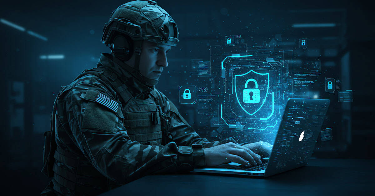 Military cyber security specialist analyzing digital security threats on a laptop with holographic lock icons.