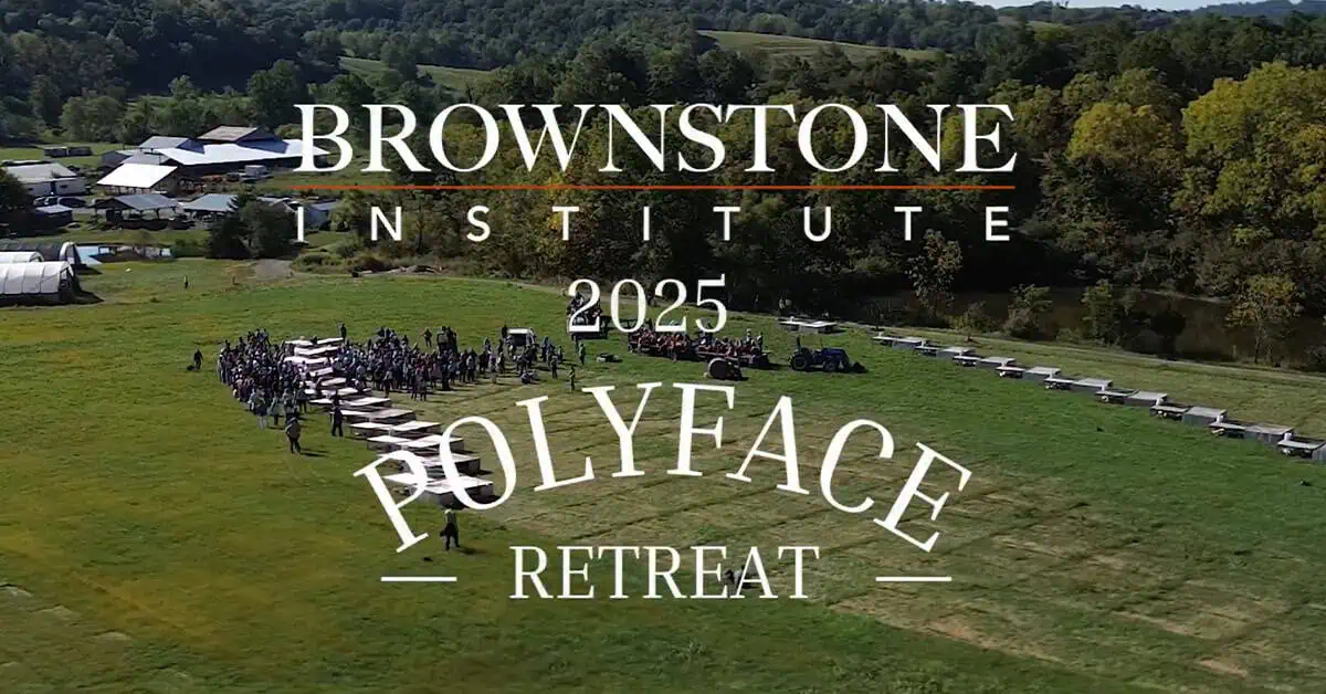 Brownstone Institute 2025 Polyface Retreat outdoor event in green fields with numerous attendees and farm scenery, promoting health, wellness, and innovative medicine discussions.