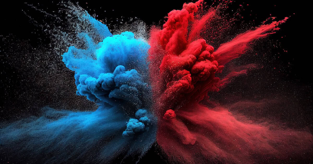 Blue and red powder explosion creates a visually striking contrast, representing dynamic energy and vibrant news coverage from America Out Loud News. Perfect for illustrating current events and headlines.