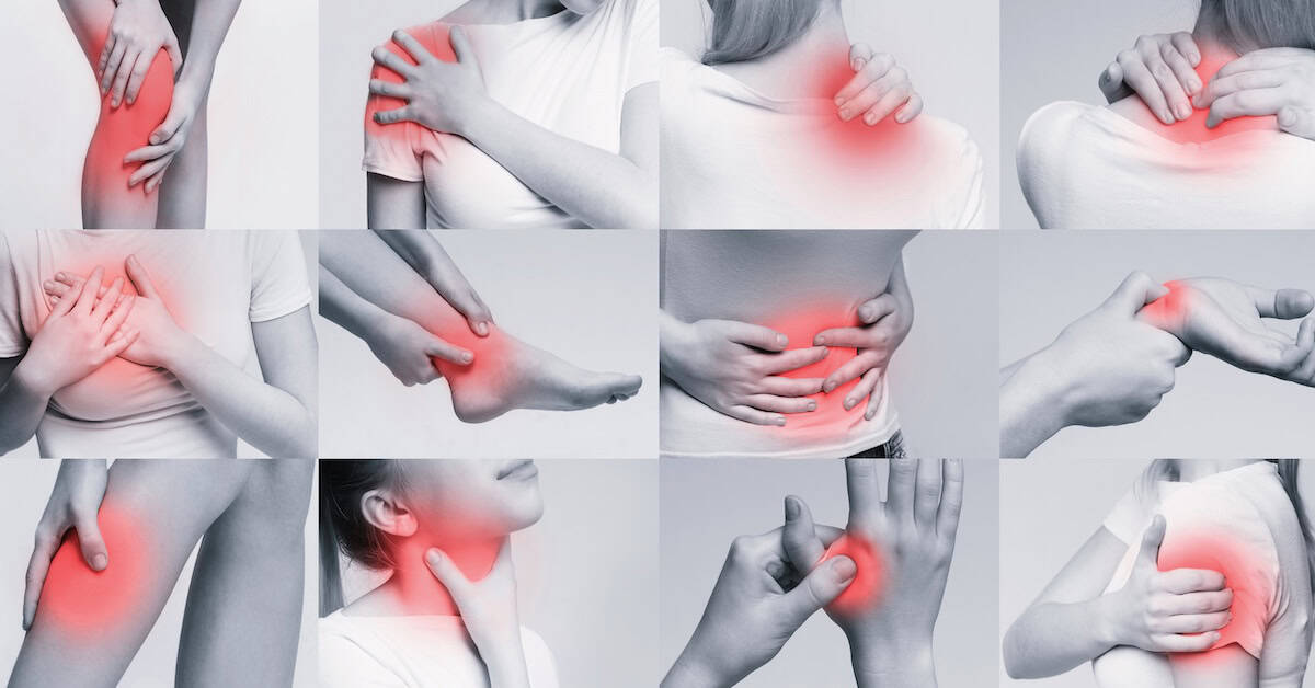 Healthcare concept. Collage with woman suffering from pain in different parts of body