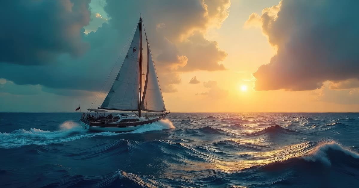A lone sailboat navigates stormy seas, its sails full, heading towards a calm horizon, representing hope and deliverance from adversity , strength, ocean, rescue