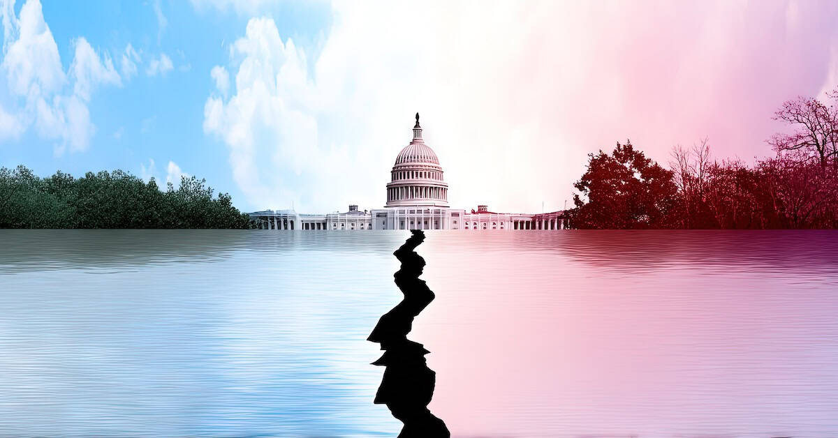 photo of political divide – left (blue) versus right (red)