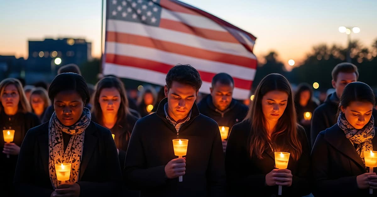 Diverse community gathers in candlelight vigil with patriotic American flag backdrop