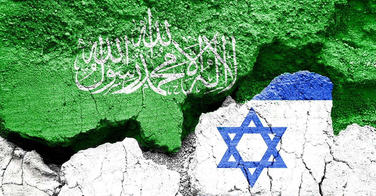 Flags of Israel and Hamas on cracked background, Israeli ans Hama, war and peace deal or ceasefire in Gaza symbol