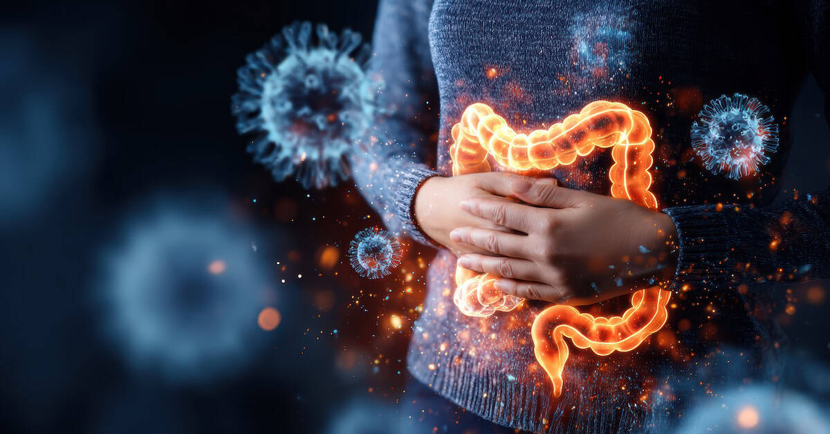 A person clutching their stomach, with a glowing illustration of intestines and floating virus-like particles, symbolizing gut health or digestive issues