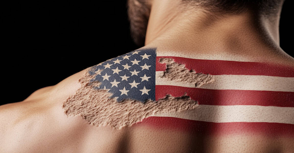 Artistic American flag tattoo with vivid colors, natural wear marks, detailed stars and stripes, capturing fabric texture