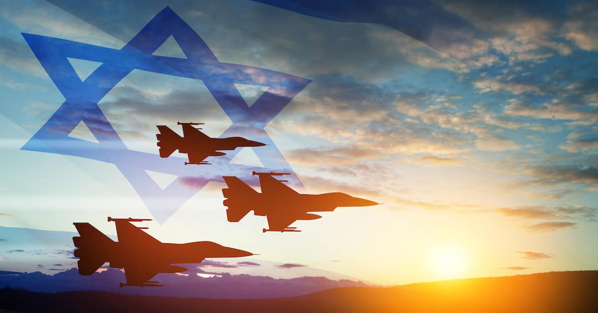 Aircraft silhouettes on background of sunset with a transparent waving Israel flag. Military aircraft.