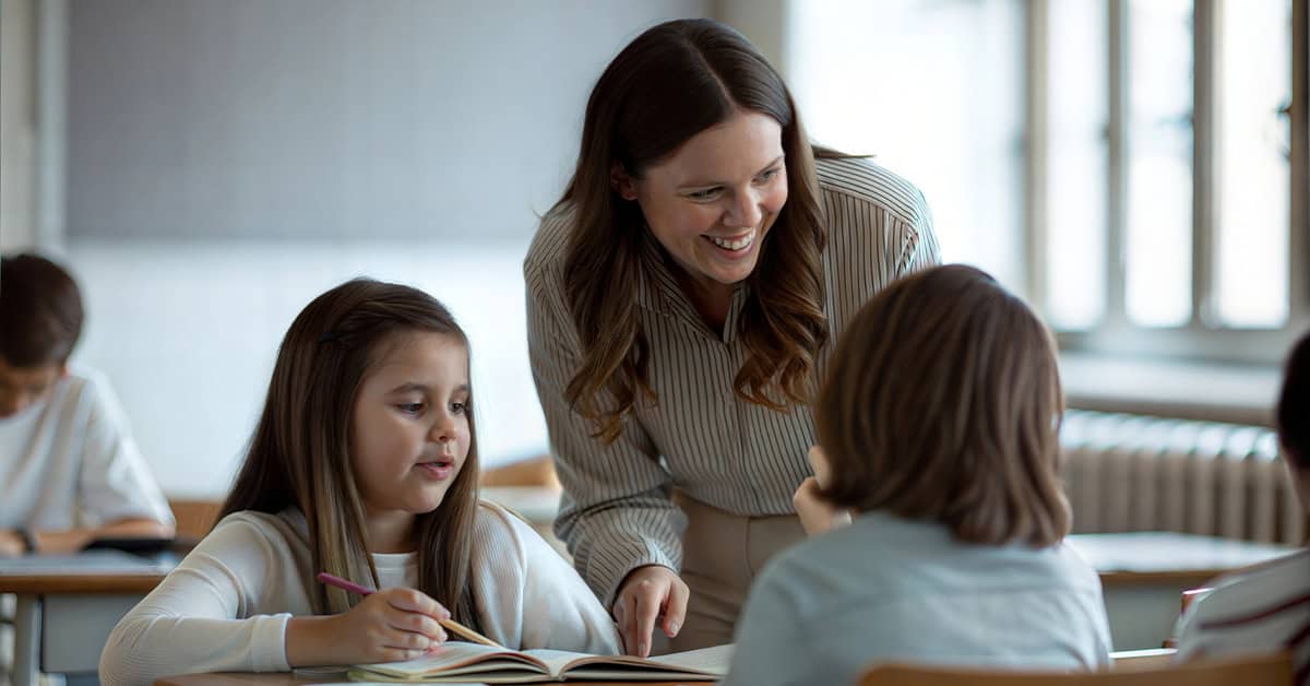 Teacher happy to help student at class