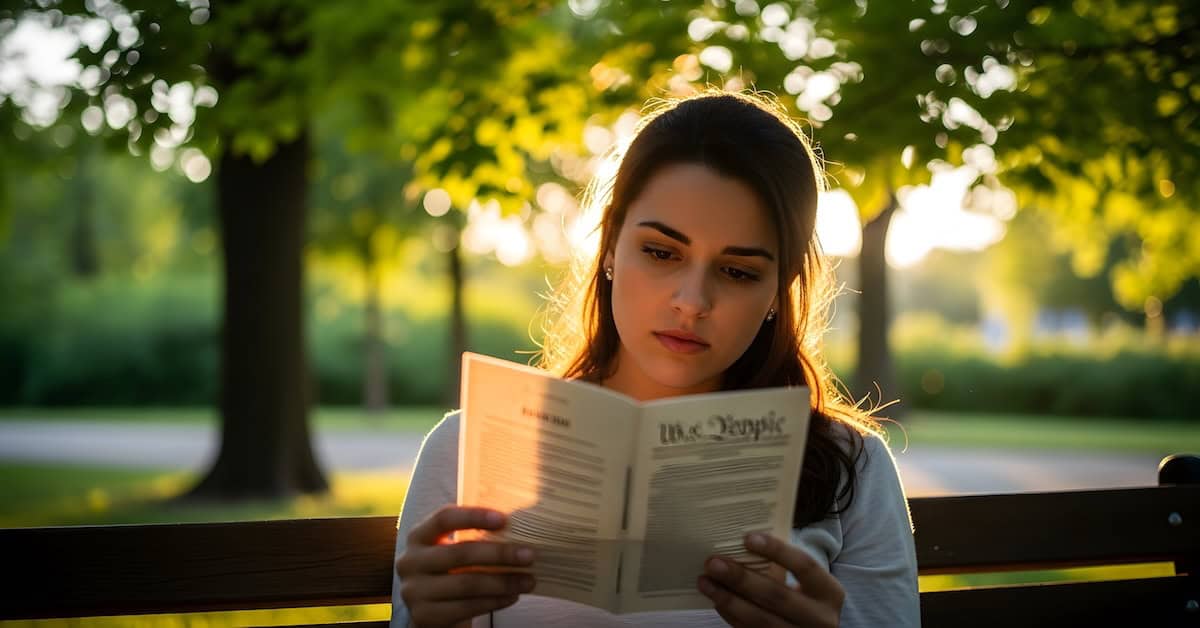 A focused woman sits on a park bench reading a book, illuminated by the warm glow of sunset.