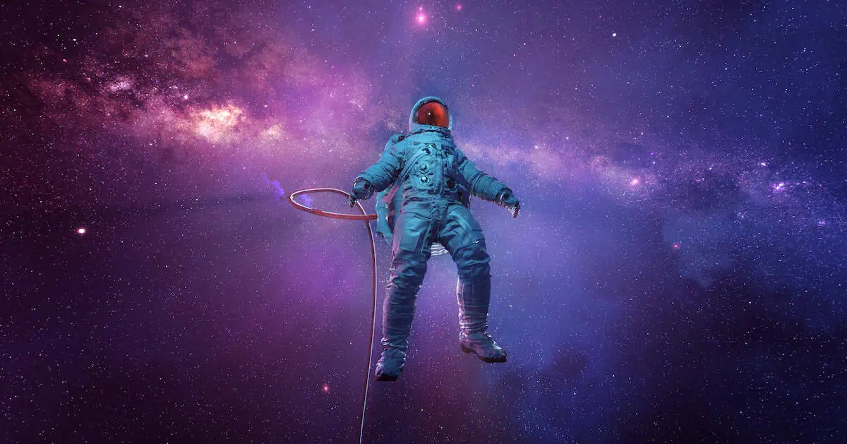 Astronaut floating in weightless space with star fields and milky way on background, 3d render