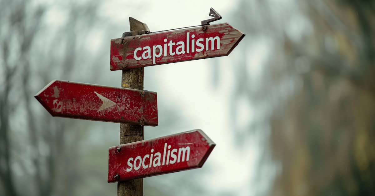 concept of socialism and capitalism, signs that mark different directions