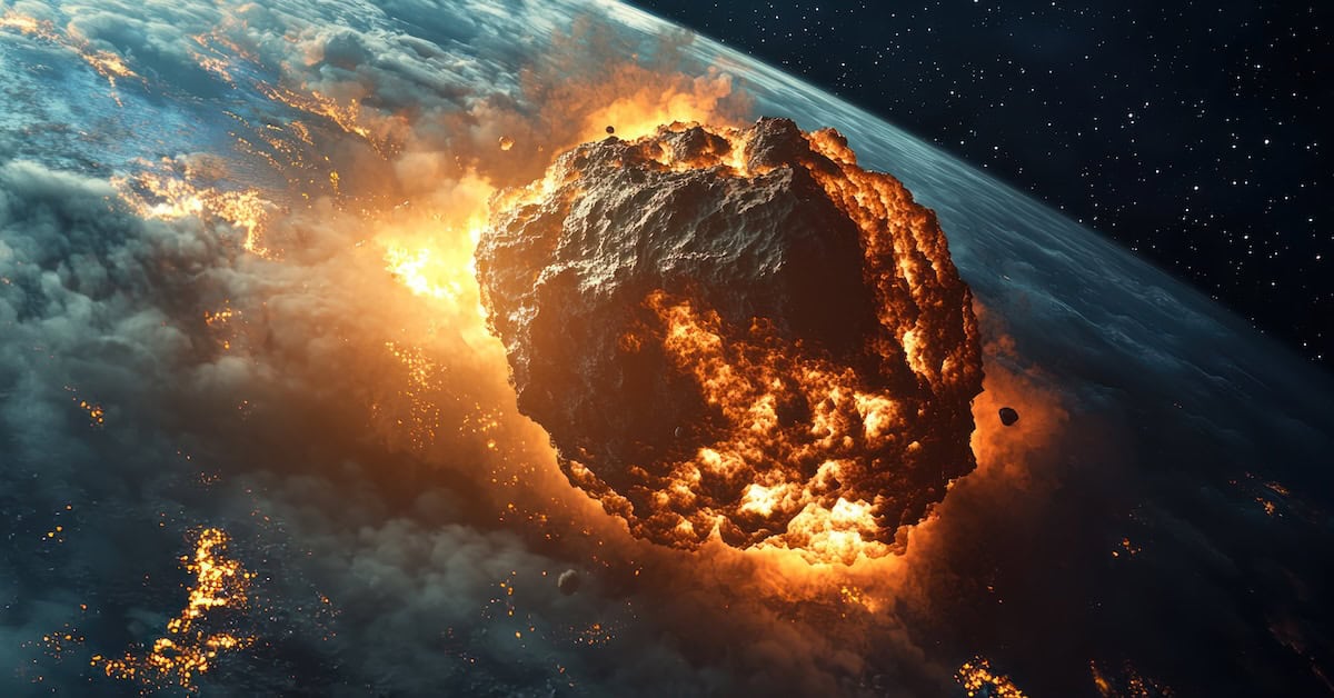 3D rendering of a dangerous large asteroid threatening to impact planet Earth