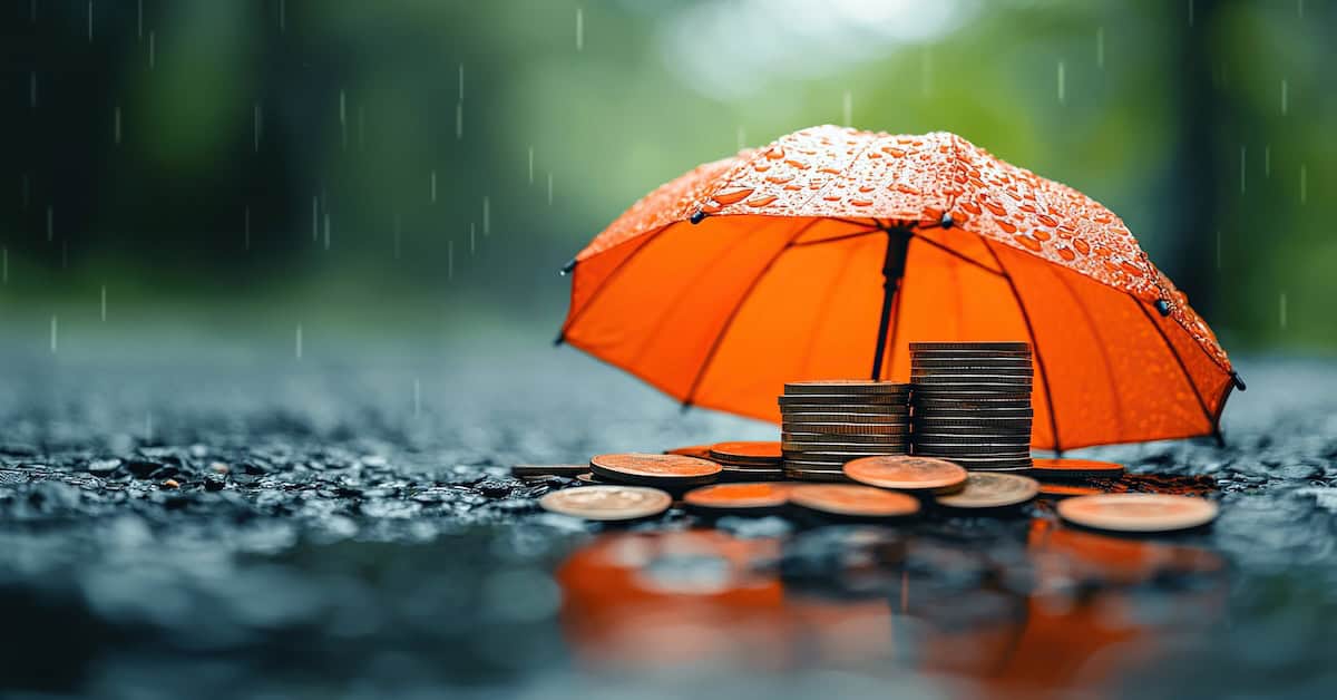 Financial protection under an umbrella with coins during a rainy day in a tranquil setting