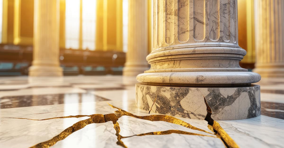 Cracked Broken justice stone pillar in vintage courthouse, creative concept crumbling legal system.
