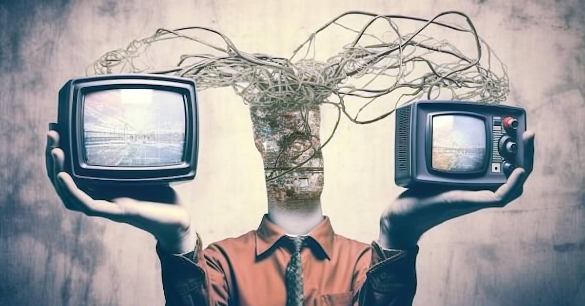 Manipulating a person with the media. Continuous influencing of viewers and listeners. Influencing is an imagined concept. AI generated.