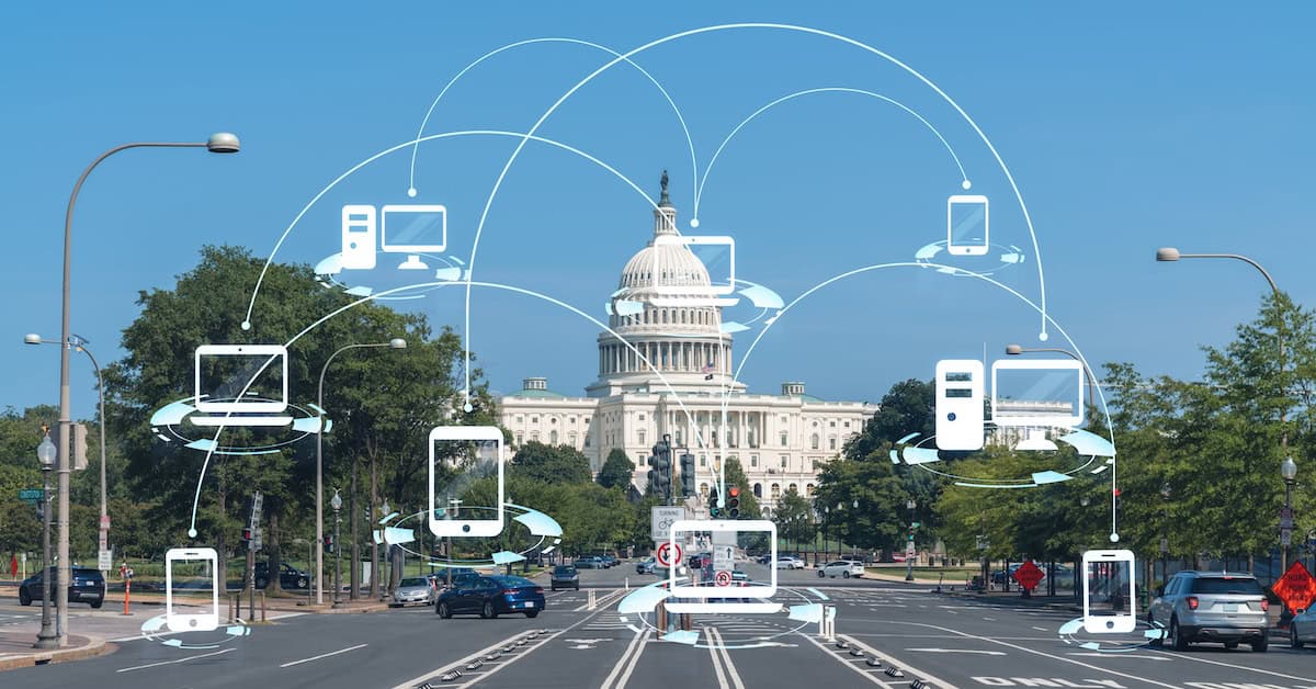 Capitol dome building exterior, Washington DC, USA. Home of Congress and Capitol Hill. American political system. Social media hologram. Concept of networking and establishing new people connections