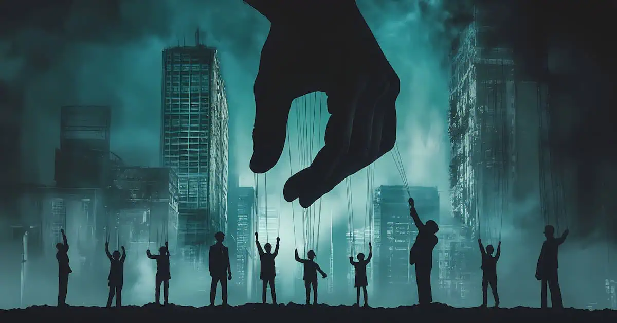 Giant shadowy hand controlling miniature human figures with strings in dark dystopian cityscape. concept of manipulation, societal control and shadow government. Puppet Dystopia. Illustration
