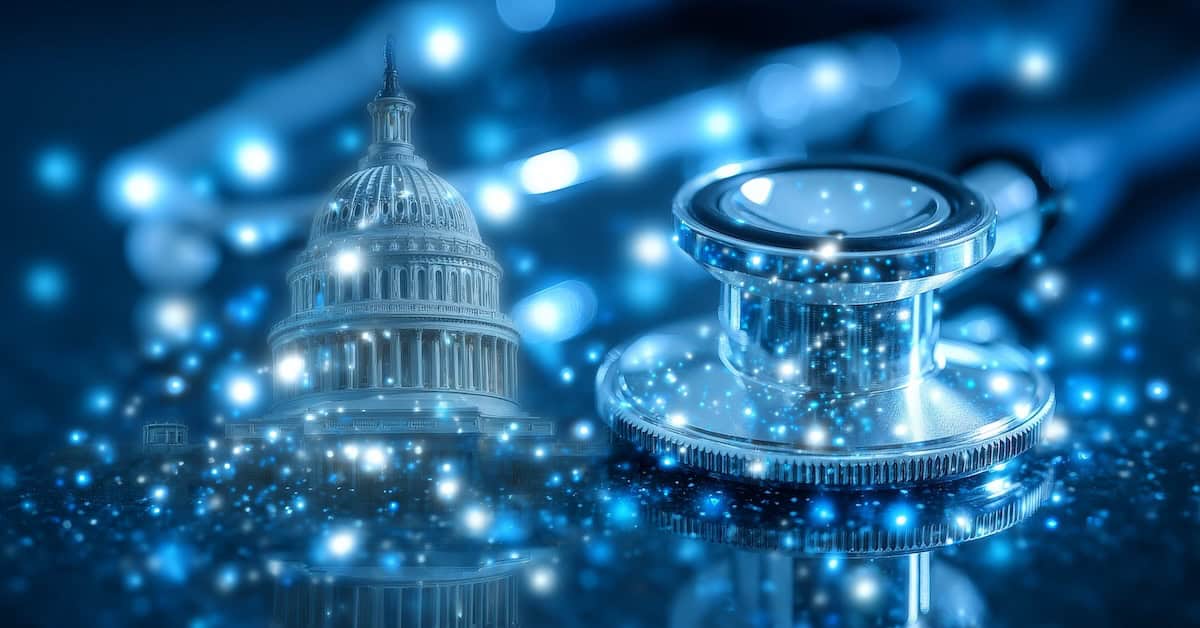 A conceptual image of a stethoscope in the foreground with the United States Capitol Building in the background represents healthcare, as seen in the Healthcare Policy Concept with Stethoscope and