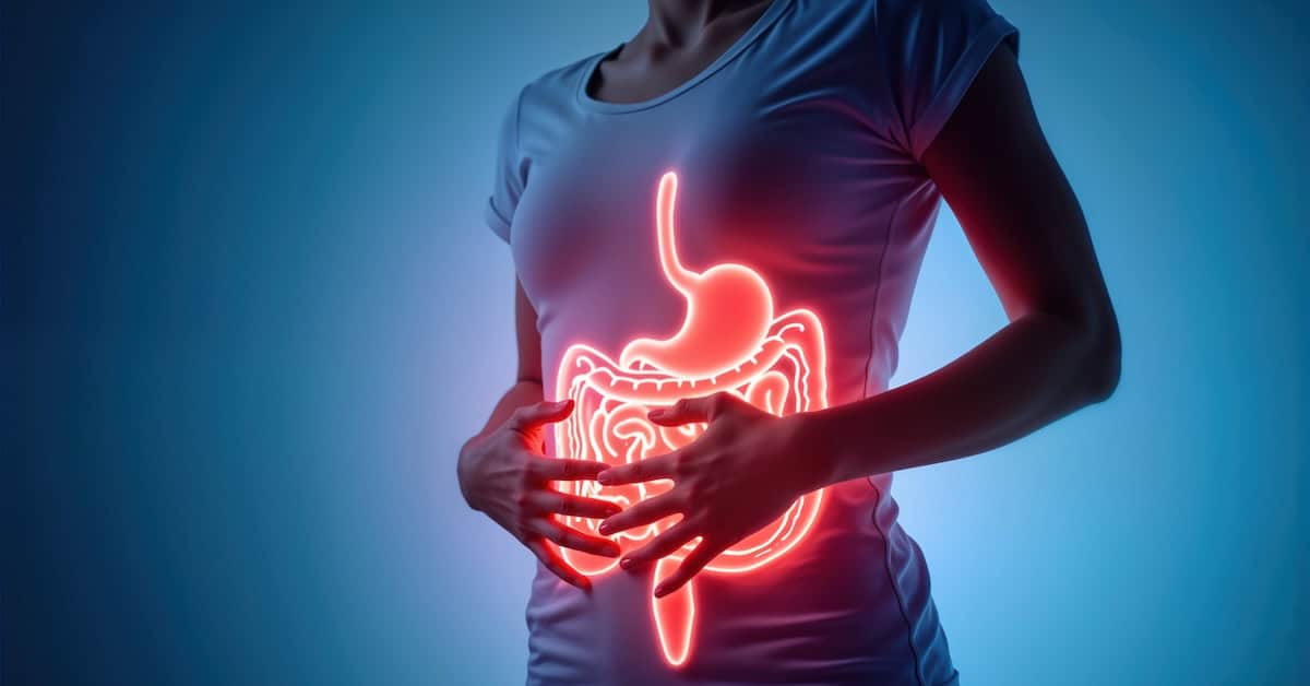 Woman feels abdominal pain. Digestive system glowing. Health concept. Gut health illustration. Focus on internal well-being. Illustration highlights importance of digestion. Woman showing stomach