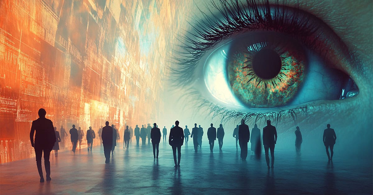 A surreal giant eye overlooks a crowd of silhouetted people in a glowing digital city, symbolizing surveillance and control