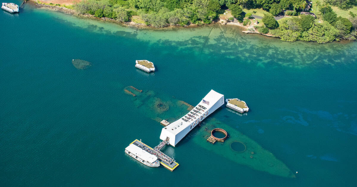 Aerial view of the USS Arizona war memorial at Pearl Harbor in Honolulu on Oahu, Hawaii