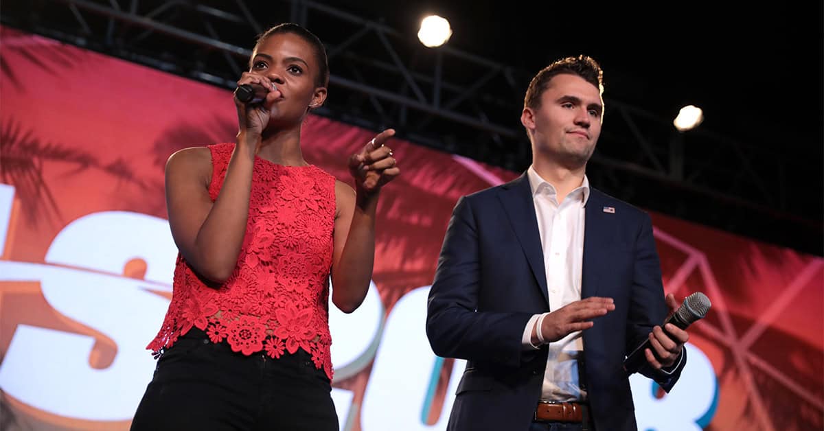 Candace Owens and Charlie Kirk speaking with attendees at the 2018 Student Action Summit hosted by Turning Point USA at the Palm Beach County Convention Center in West Palm Beach, Florida