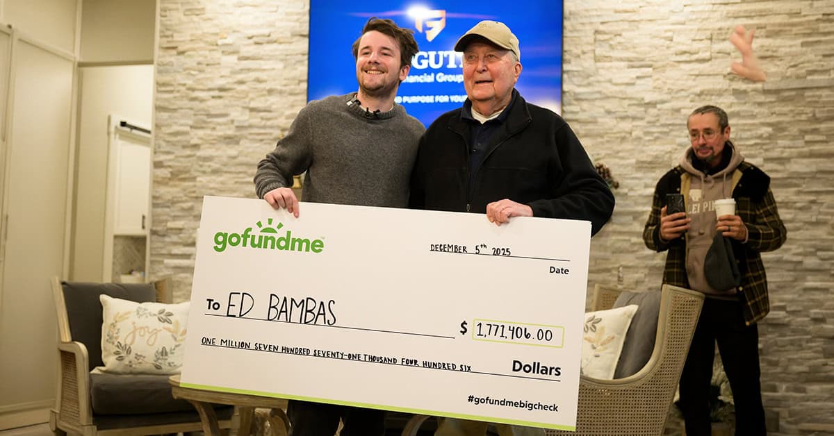 Influencer Samuel Weidenhofer, left, poses for a photo with Ed Bambas, right, the 88-year-old Brighton resident who is the recipient of over $1.7 million after a viral Gofundme campaign