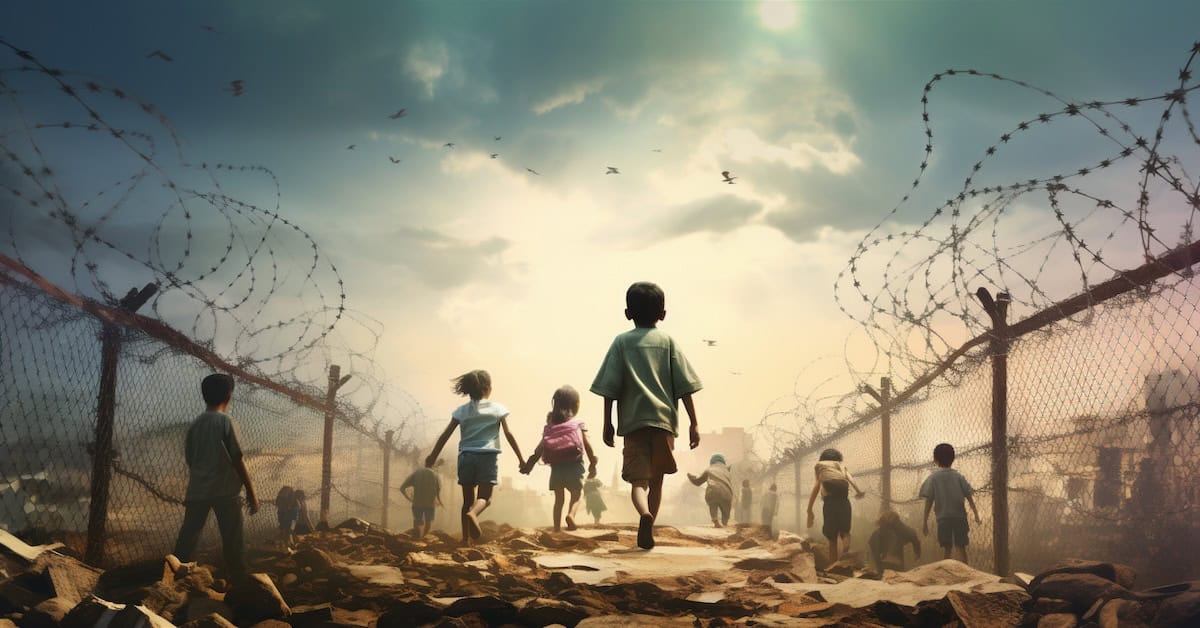 Multiple exposure of a group of children crossing border. Generative AI