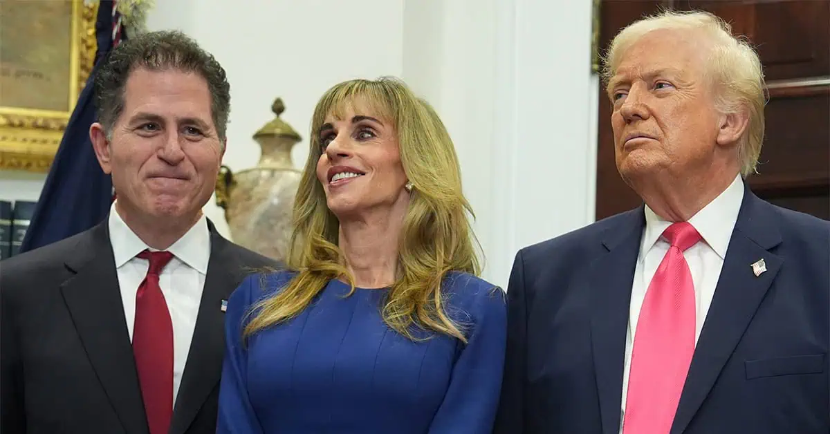 Michael Dell, left, his wife Susan and President Donald Trump listen during an event on “Trump Accounts” for kids in the Roosevelt Room of the White House