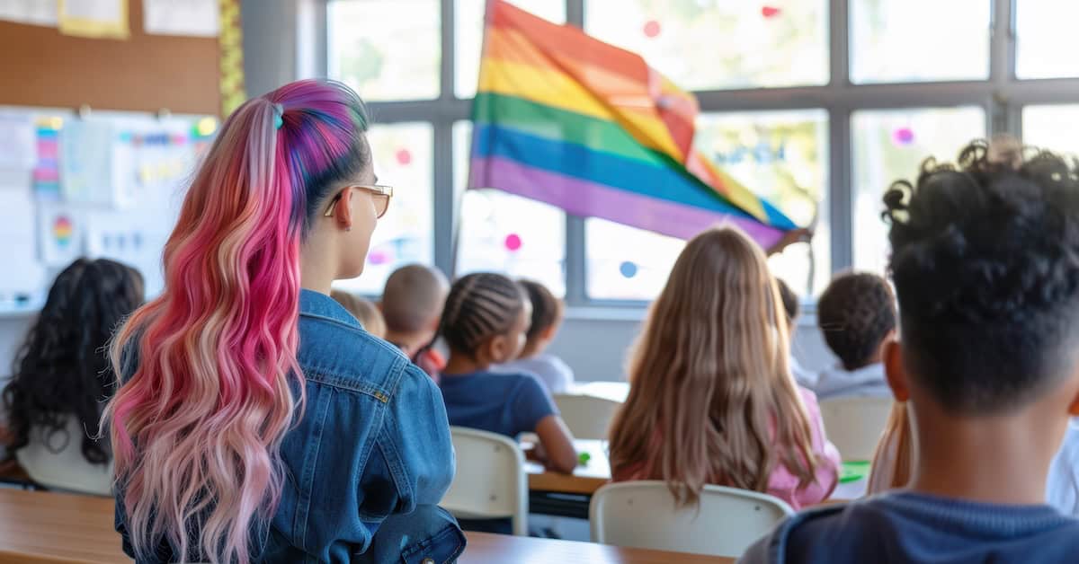 Children sitting in a classroom with a rainbow flag in the background.