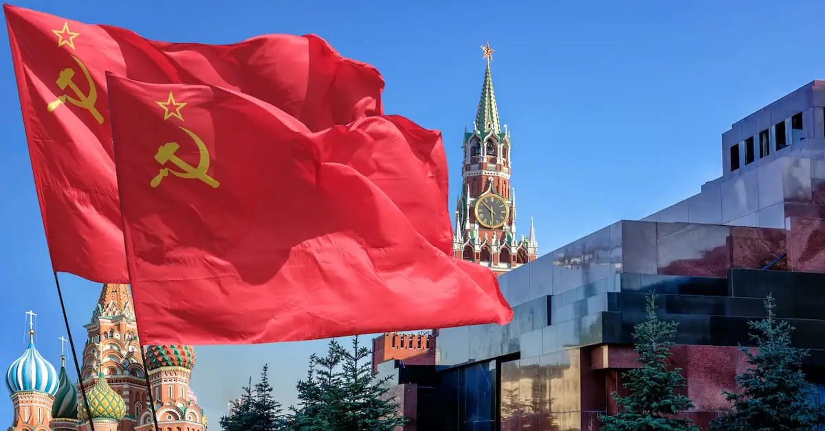 The flag of the Soviet Union (USSR) waving in the wind.
